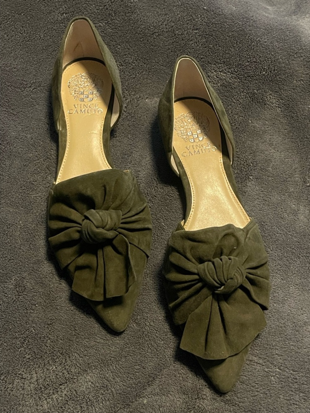 Vince Camuto Olive Suede Pointed D'Orsay Flats with Knotted Rosette